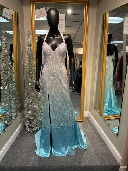 blue glass prom dress Primavera 4507 Ruffled Prom Dress Sheer Corset Pageant Gown 0 / Midnight