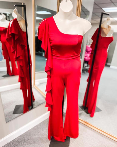Red Ruffle Sleeve Jumpsuit