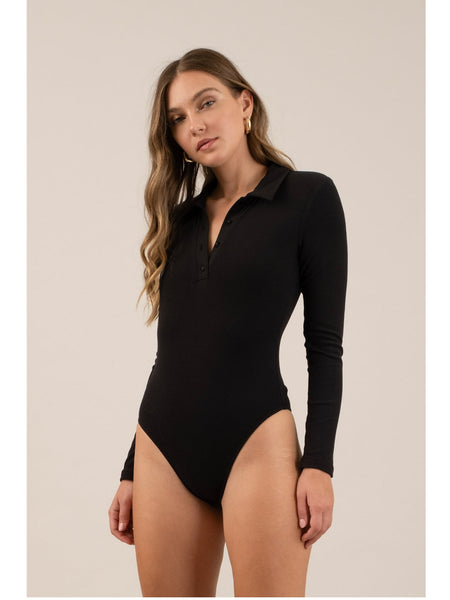 The Workshop Lindsay Collared Long Sleeve Bodysuit In Black.