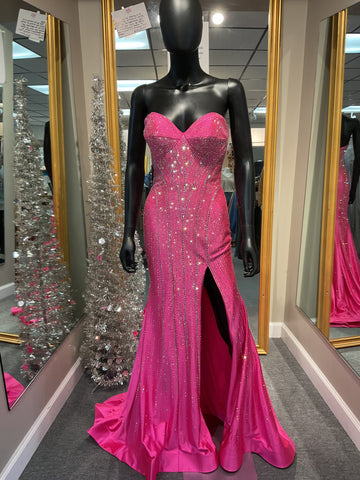 Strapless Fuchsia Beaded Prom Dress