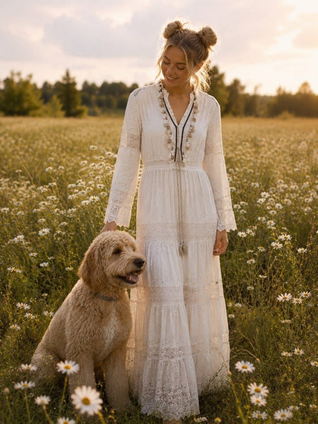 Rosa Bohemian Crochet Lace Bell Maxi Dress