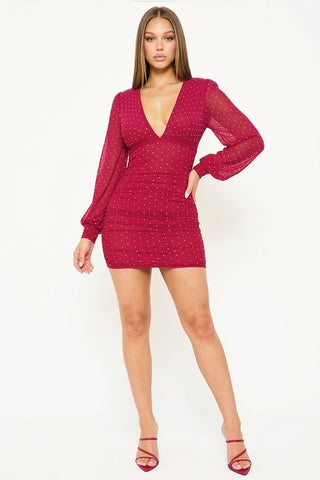 Rhinestone On Mesh Mini Dress Magenta