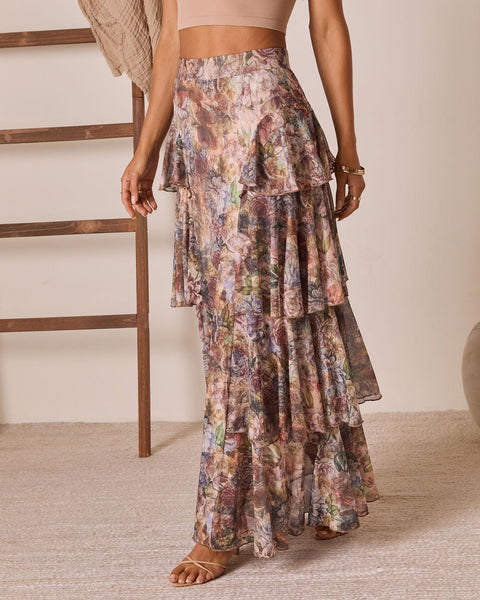 Dream Valley Floral Mesh Tiered Ruffle Maxi Skirt
