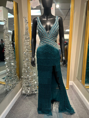Teal Fringe Open Back Prom Dress