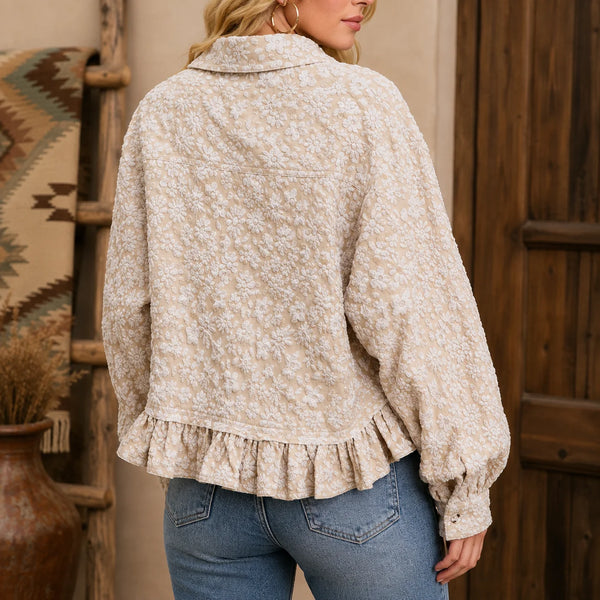 Button Ruffled Floral Hem Top