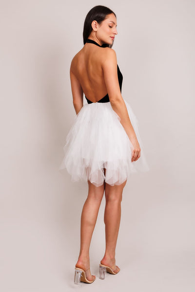 BLACK AND WHITE SHORT VELVET MESH HALTER DRESS