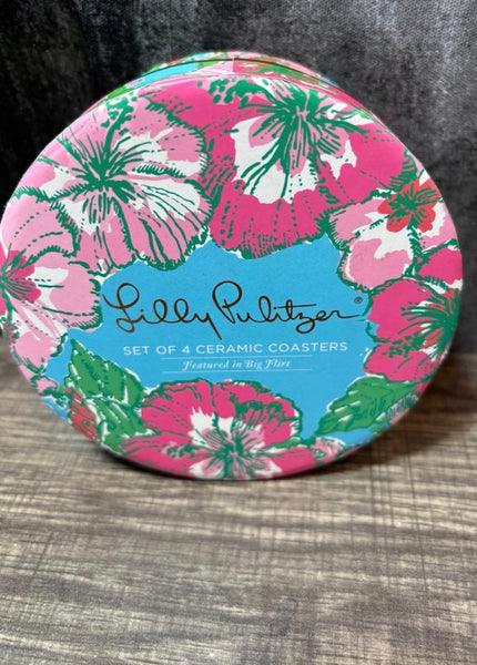 Lilly Pulitzer Ceramic Coaster Set Big Flirt" hibiscus pattern
