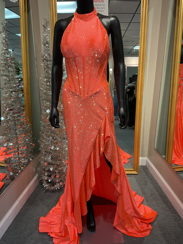 High Neck Halter Top Orange Prom Dress