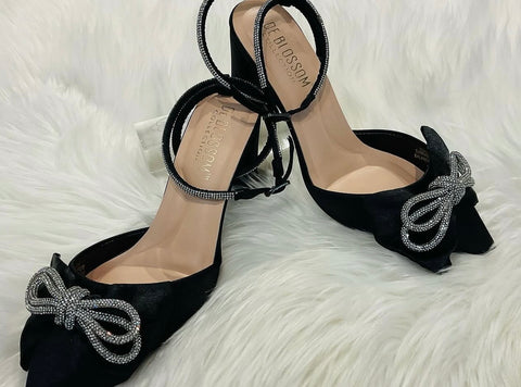 Black Satin Pointed Toe Mid Heels from the •DE BLOSSOM COLLECTION.