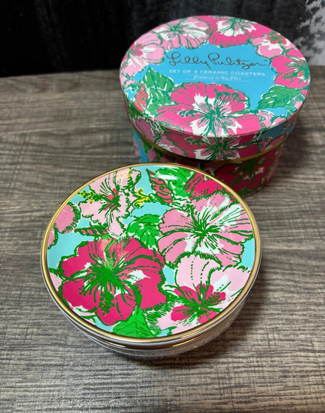 Lilly Pulitzer Ceramic Coaster Set Big Flirt" hibiscus pattern