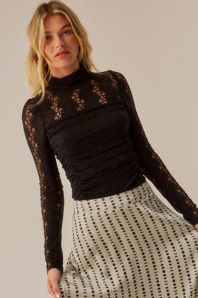 Lost Love Lace Ruched Mock Neck Bodysuit