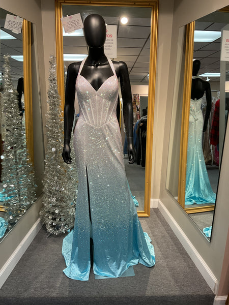 White/Blue Ombré Corset Halter Top Prom Dress