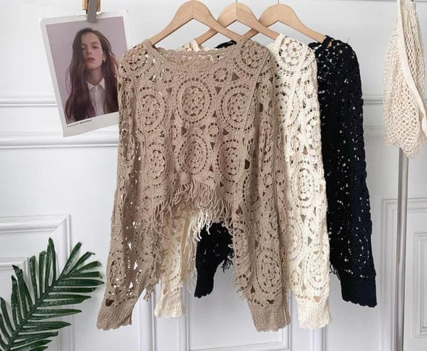 Camille Crochet Midriff Top With Oversized Sleeves (One Size)
