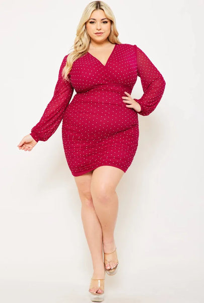 Rhinestone On Mesh Plus Size Night Out Mini Dress Magenta