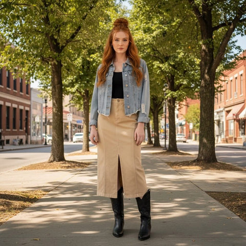 Paneled Denim Maxi Skirt