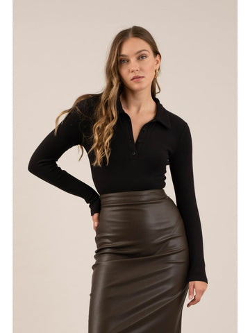 The Workshop Lindsay Collared Long Sleeve Bodysuit In Black.