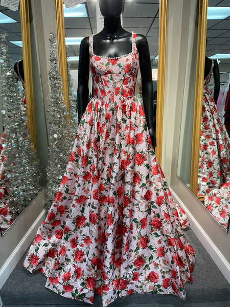 Pink Floral Print Prom Dress