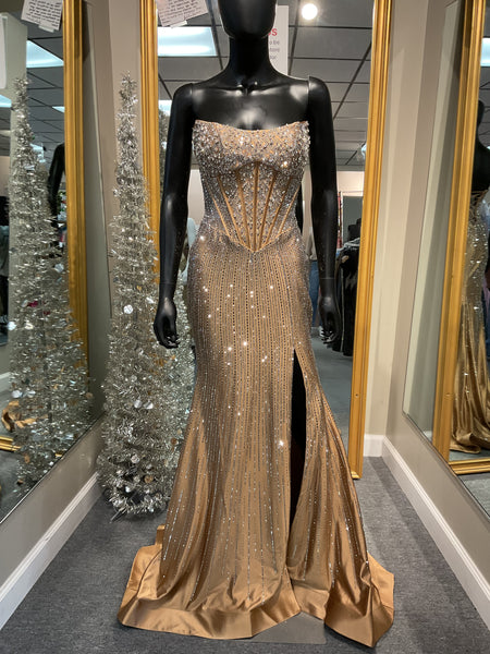 Strapless Nude/Silver Beaded Prom Dress