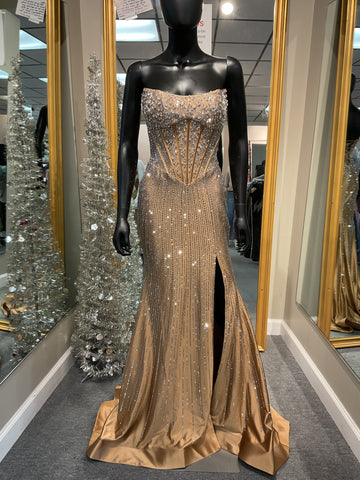 Strapless Nude/Silver Beaded Prom Dress