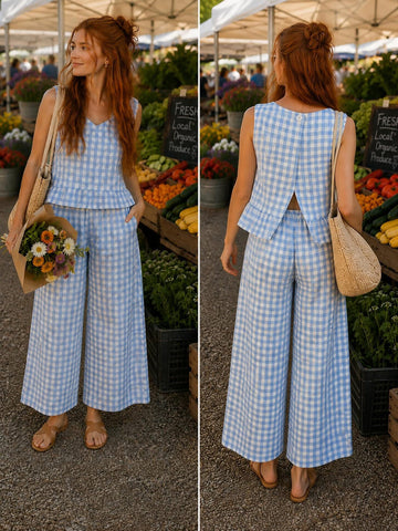 Two-Piece Light Blue Gingham Outfit