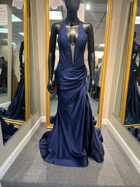 Navy Halter Top Prom Dress
