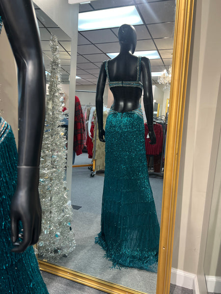 Teal Fringe Open Back Prom Dress