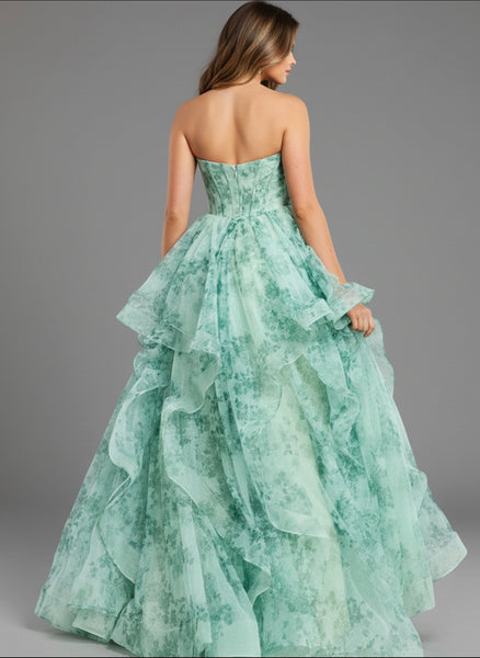 Tiered Green Floral Gown with Sweetheart Cut