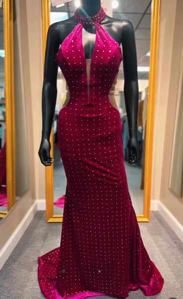 Magenta Halted Top Beaded Prom Dress