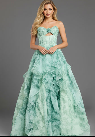 Tiered Green Floral Gown with Sweetheart Cut