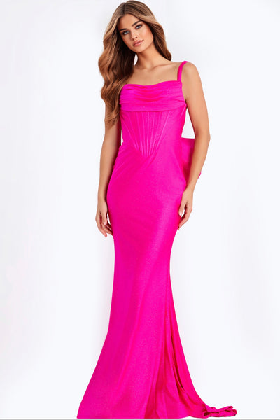 Hot Pink Bow Back Prom Dress With Draped Bodice