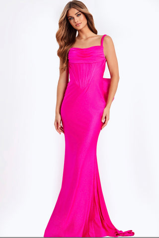 Hot Pink Bow Back Prom Dress With Draped Bodice