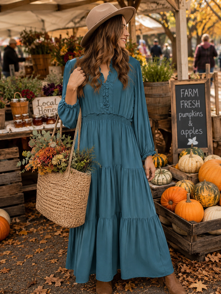 👗 "Autumn Aura" Smocked Maxi Dress