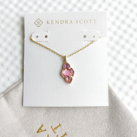 Gold Framed Abbie Short Pendant Necklace in Light Burgundy Illusion