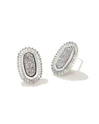 Kendra Scott Baguette Ellie Stud Earrings in a Rhodium Platinum Drusy