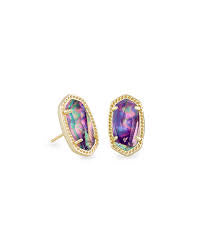 Kendra Scott Ellie stud earrings feature an iridescent blue goldstone oval stone