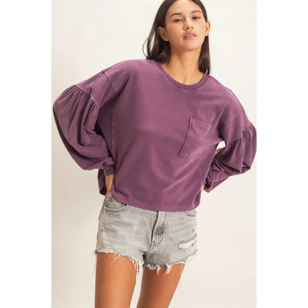 DARK CHERRY MINERAL WASH PUFF LONG SLEEVE TOp