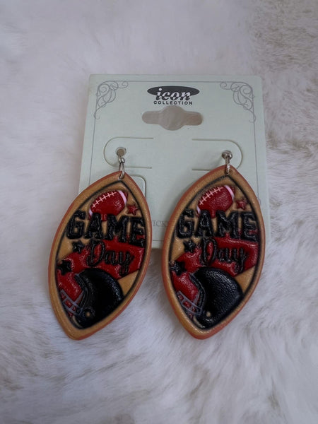 Leather Red/Black Football Earrings