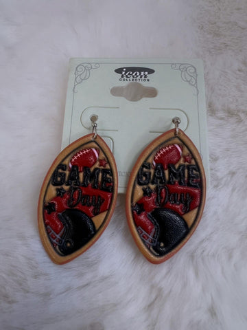 Leather Red/Black Football Earrings