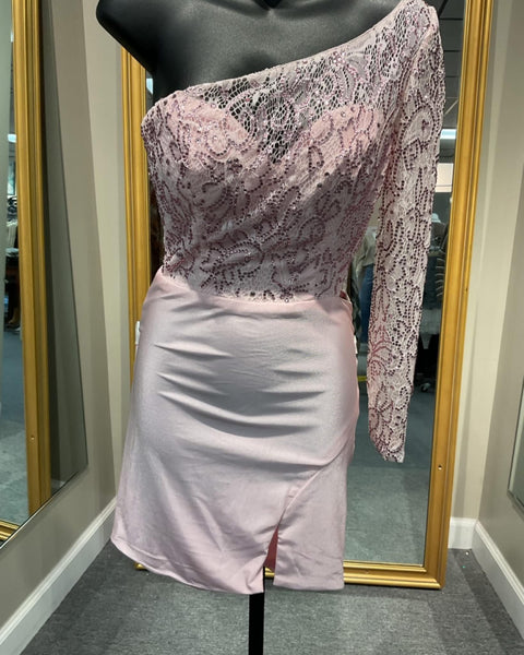Pink One Sleeve Short Dress