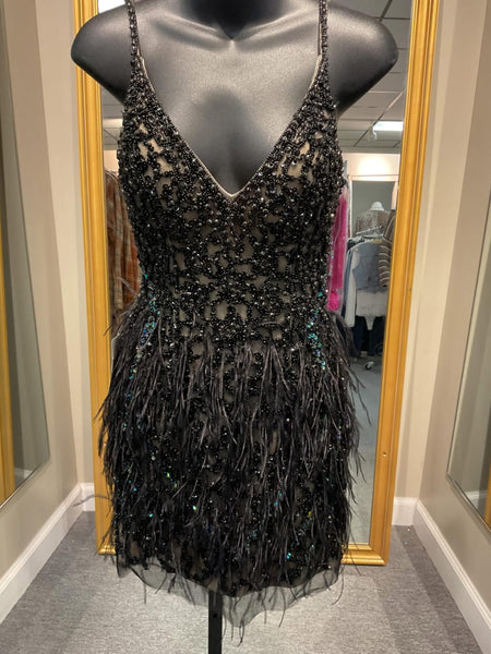 Black Feathered Short Dress