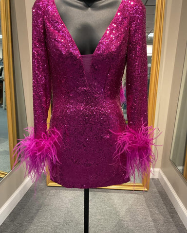 Long Sleeve Fuchsia Short Dress