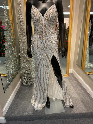 Ivory/Gold Strapless Prom Dress