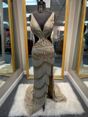 Nude/Gold Fringe Prom Dress