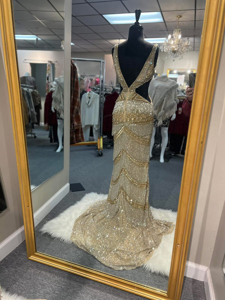 Nude/Gold Fringe Prom Dress