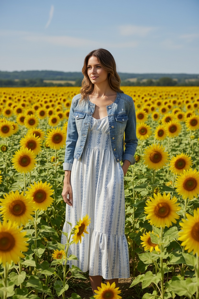 Blue Floral Striped Button Maxi Dress