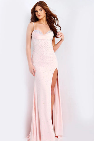 Light Blue Fitted Rhinestone Open Back Prom Dress