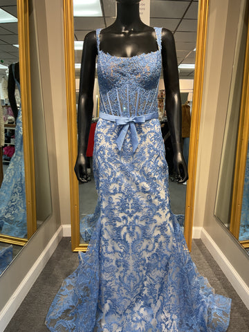 Ivory/Blue Bow Prom Dress