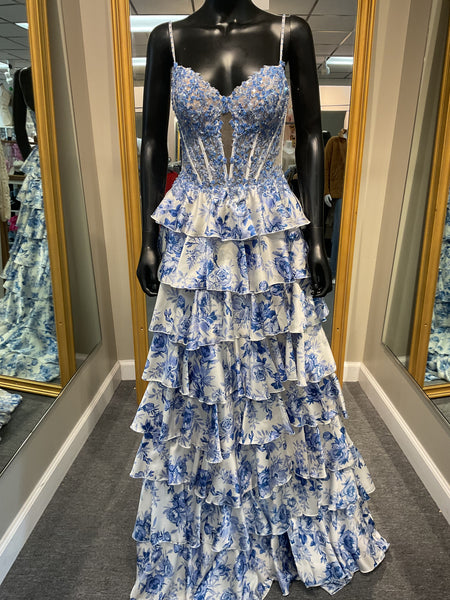 Blue/Ivory Floral Print Ruffle Prom Dress