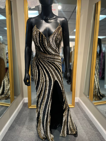 Black/Gold Strapless Prom Dress