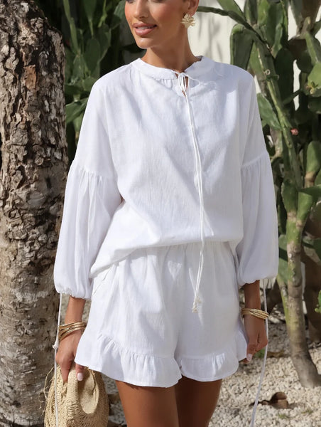 Bella Ruffle Mini Shorts and Lantern-Sleeve Co-ord Set